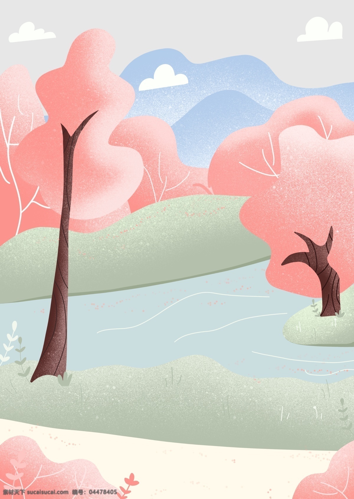春分 粉色 插画 树 节气 手绘 背景