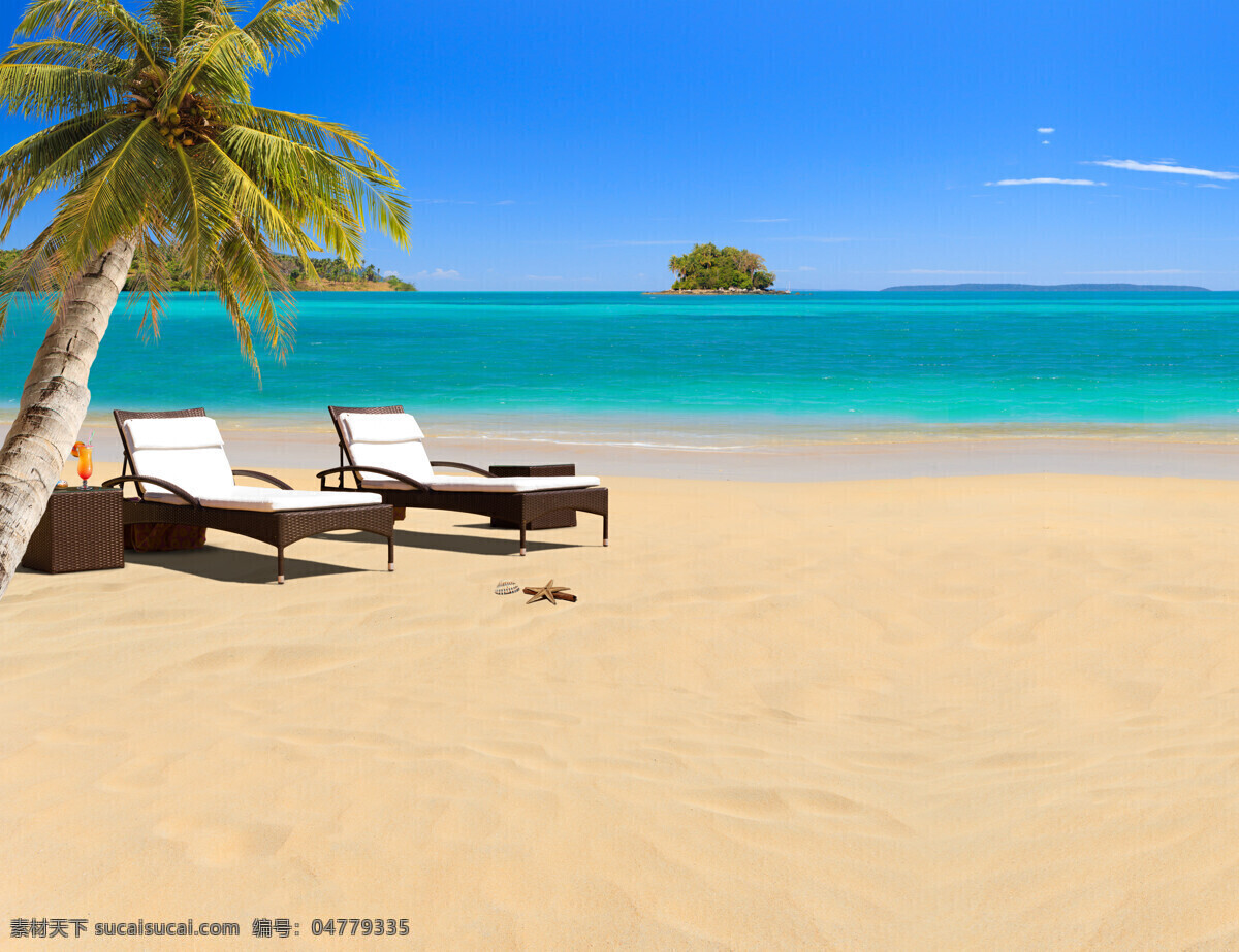 沙滩 上 太阳 椅 椰树 岛屿 太阳椅 蓝天 白云 大海 大海图片 风景图片