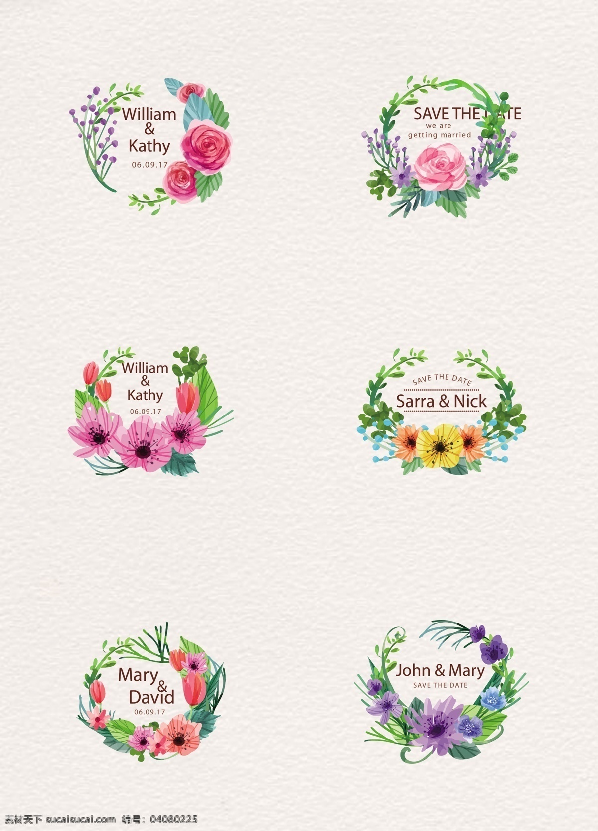 水彩 绘 花卉 婚礼 标签 矢量 玫瑰花 矢量图 婚礼标签 薰衣草