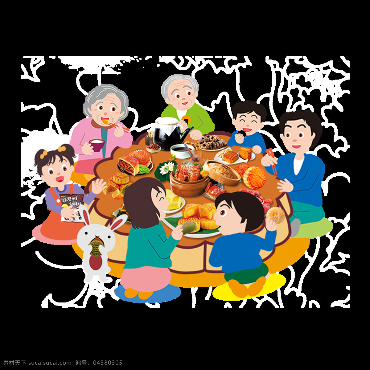 手绘 扁平 卡通 家人 团聚 吃饭 父母 狗狗 孩子 家人团聚 食物 新年
