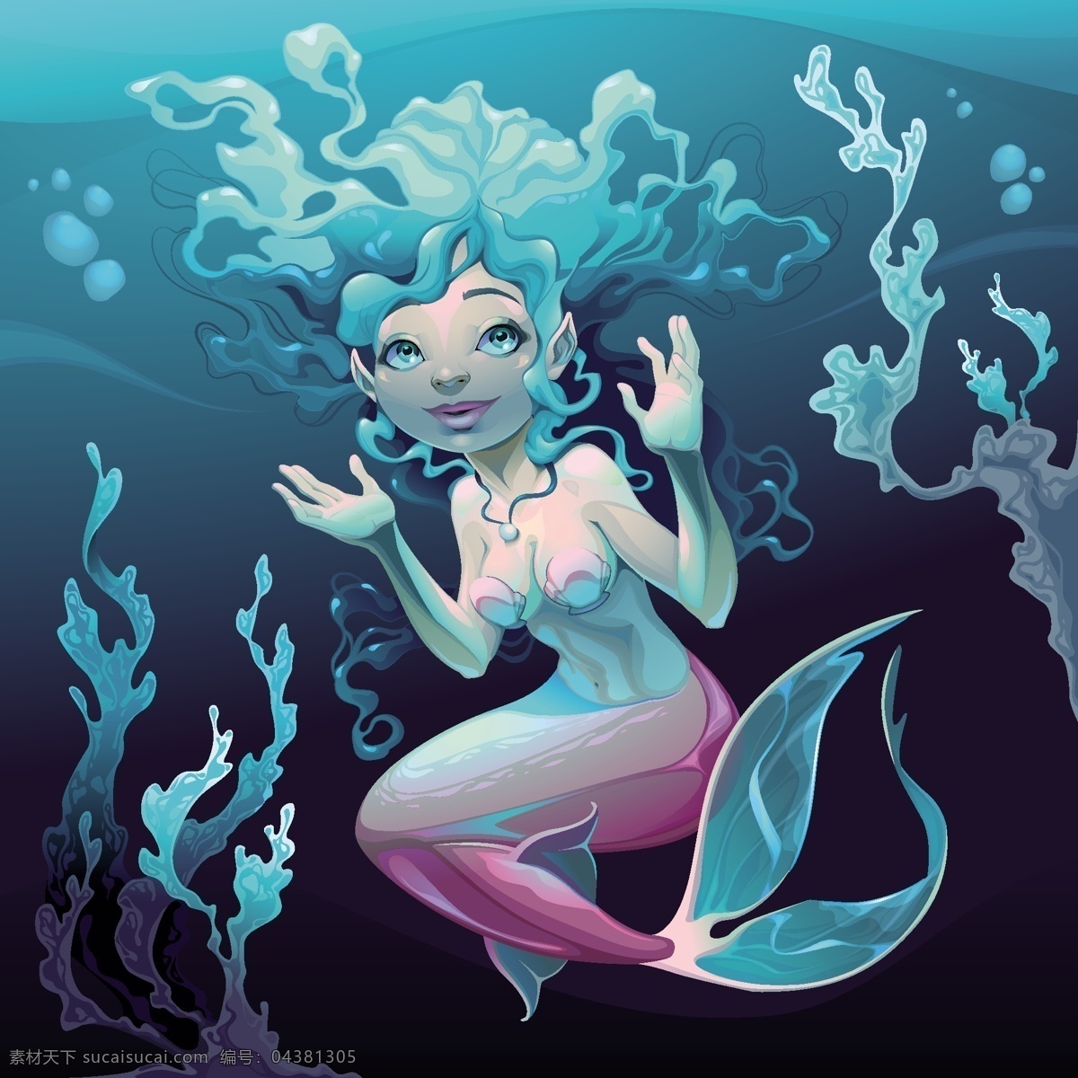 年轻的美人鱼 水 人物 卡通 海洋 绘画 幻想 美人鱼 海藻 警报器 神话