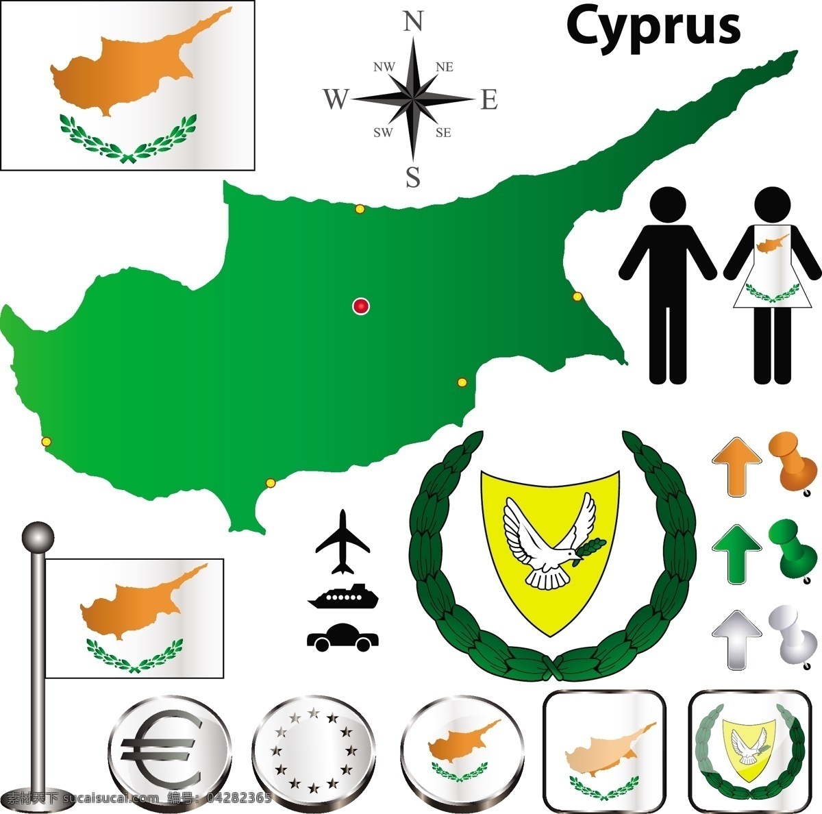 塞浦路斯国旗 地图 国旗图标 立体按钮 图钉 空间环境 矢量素材 白色