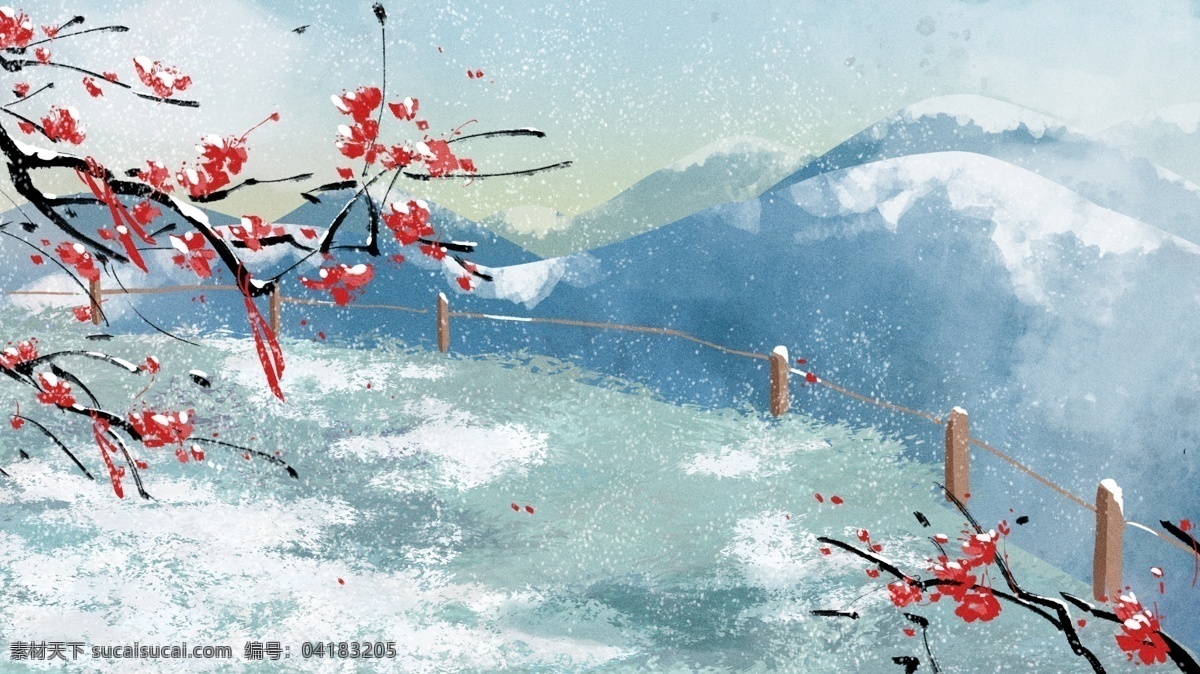 手绘 中国 风 立冬 海报 背景 简约 中国风 二十四节气 梅花 雪景