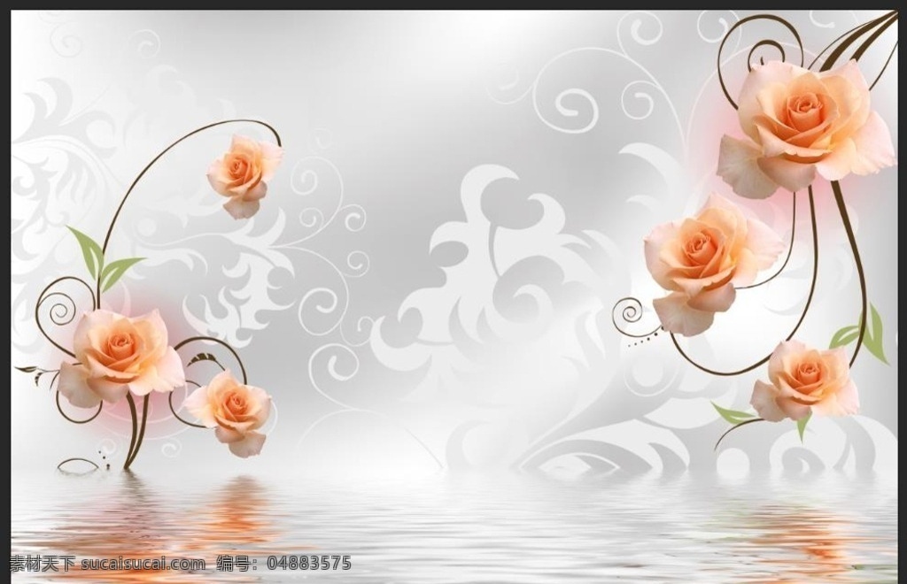 水中 欧式 花纹 月季 玫瑰 水影 背景 墙 背景墙 银色 金属 倒影 花 分层