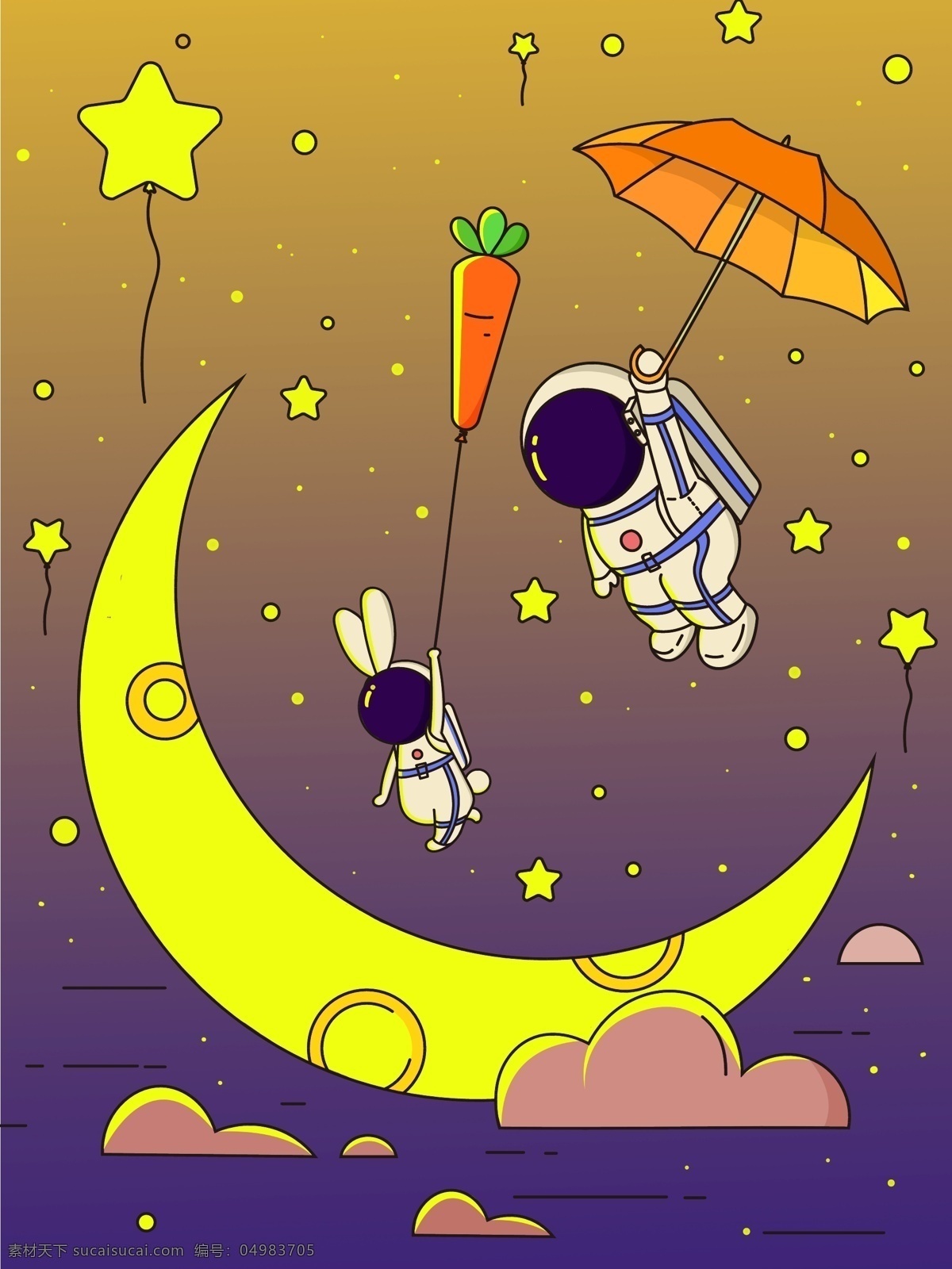 航天 日宇 航员 扁平化 插画 宇航 宇航员 星空 月亮 航天日
