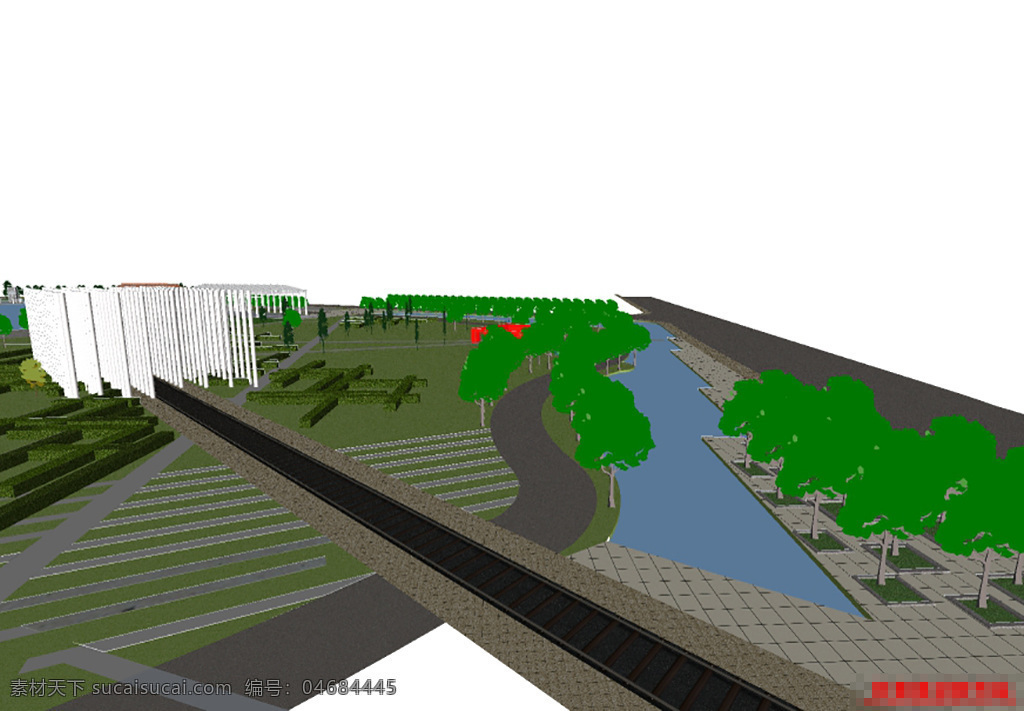 小河 公园 场景 模型 广场 园林 景观设计 skp 3d模型 中心广场 树木 园林设计 室外 小区广场 花坛 绿化带 公园场景 公园设计 人工湖 休息区 白色