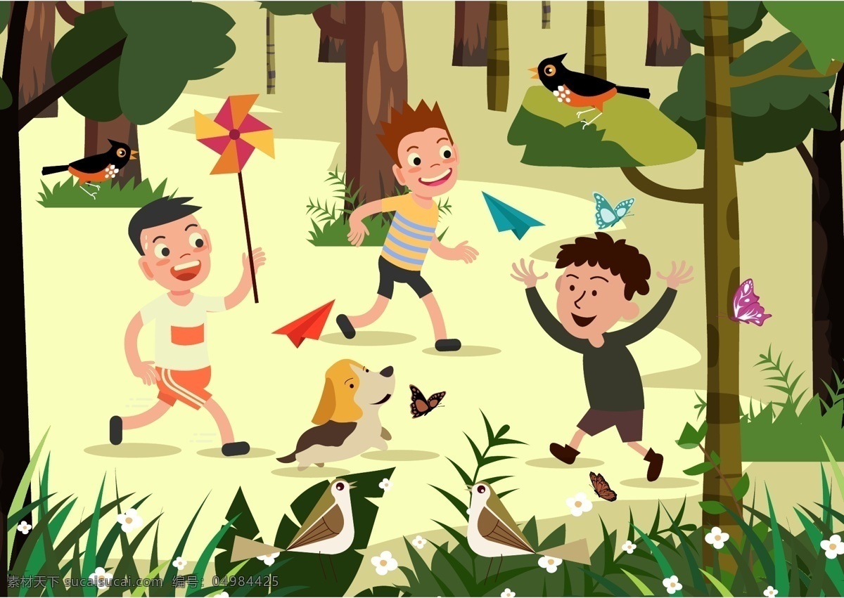 创意树林里 玩耍 男孩 的3个男孩 树木 风车 鸟 纸风车 纸飞机 蝴蝶 草丛 花卉 宠物 朋友 创意 树林 狗 矢量图 ai格式 人物