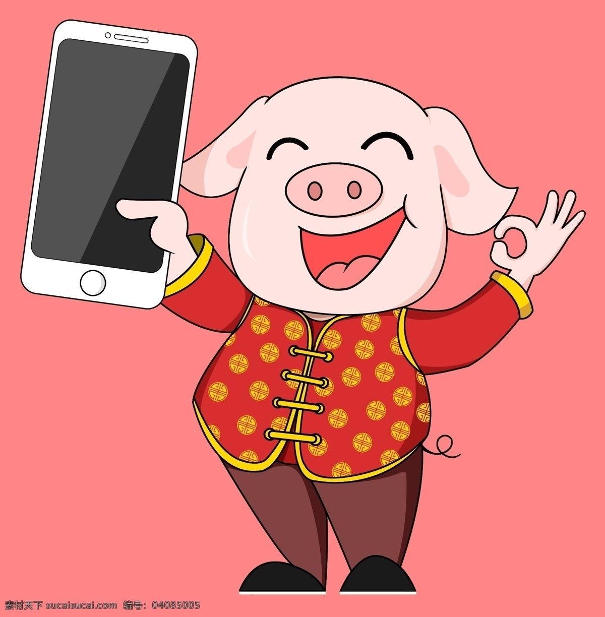 2019 猪年 新年 春节 手机 福 猪 原创 插画 拿手机 微笑 喜庆 ok 己亥年 送福 二师兄 可爱小猪 分成 文件