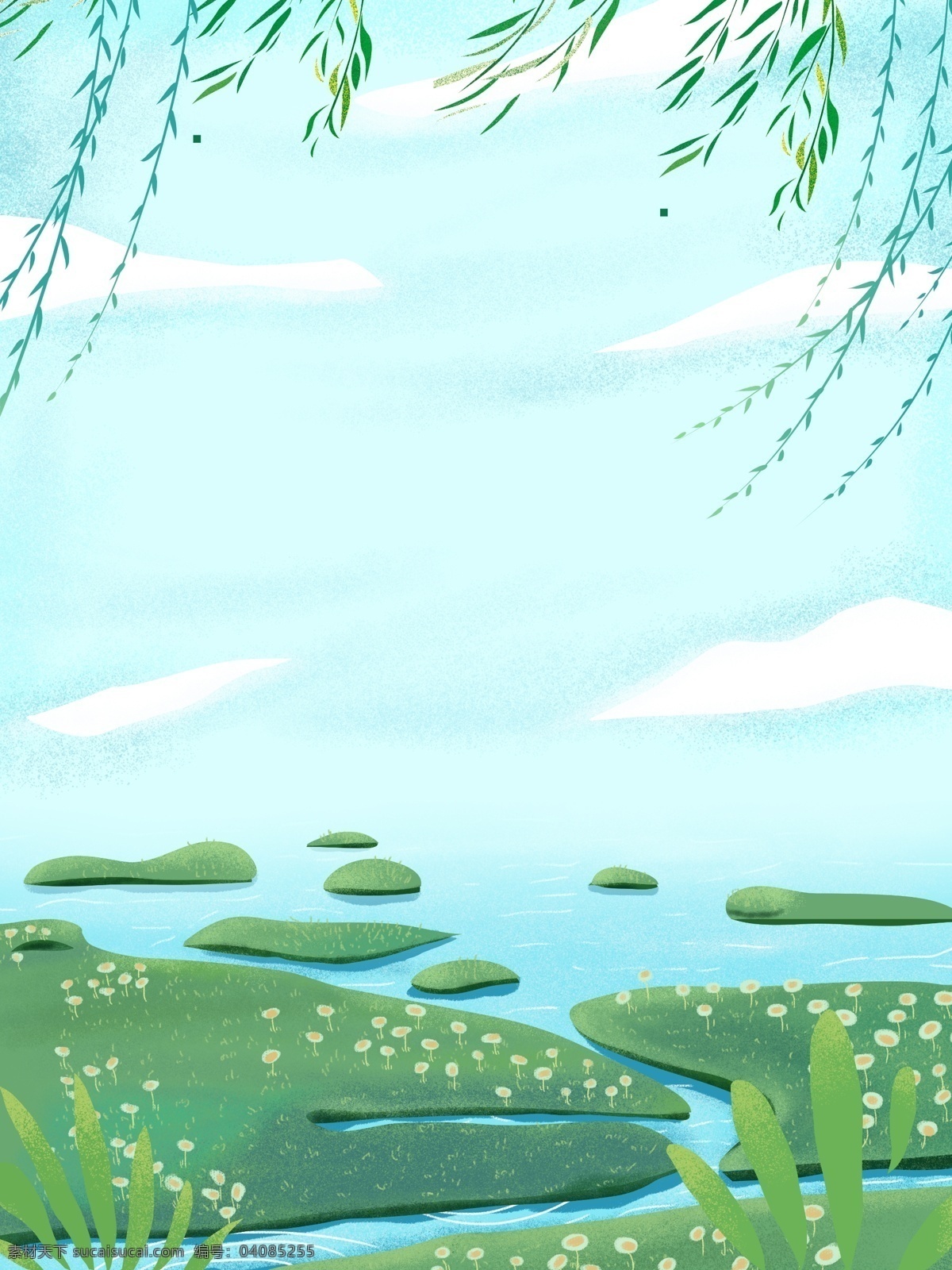 清明 唯美 清新 风景 插画 背景 植物背景 草地背景 绿地背景 蓝天白云 叶子 河边 山水风景