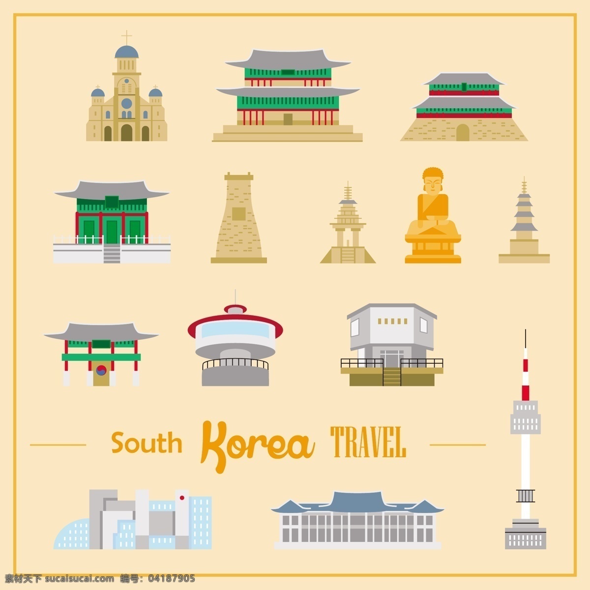 韩国 地标 美食 手绘 地图 标志 建筑 创意设计 背景