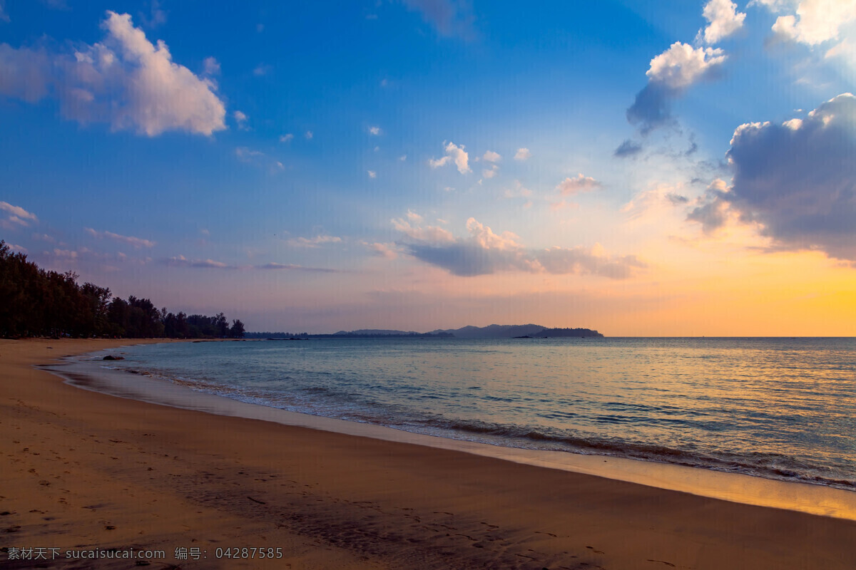 沙滩 大海 蓝天 白云 夕阳 树 海边景色 大海图片 风景图片