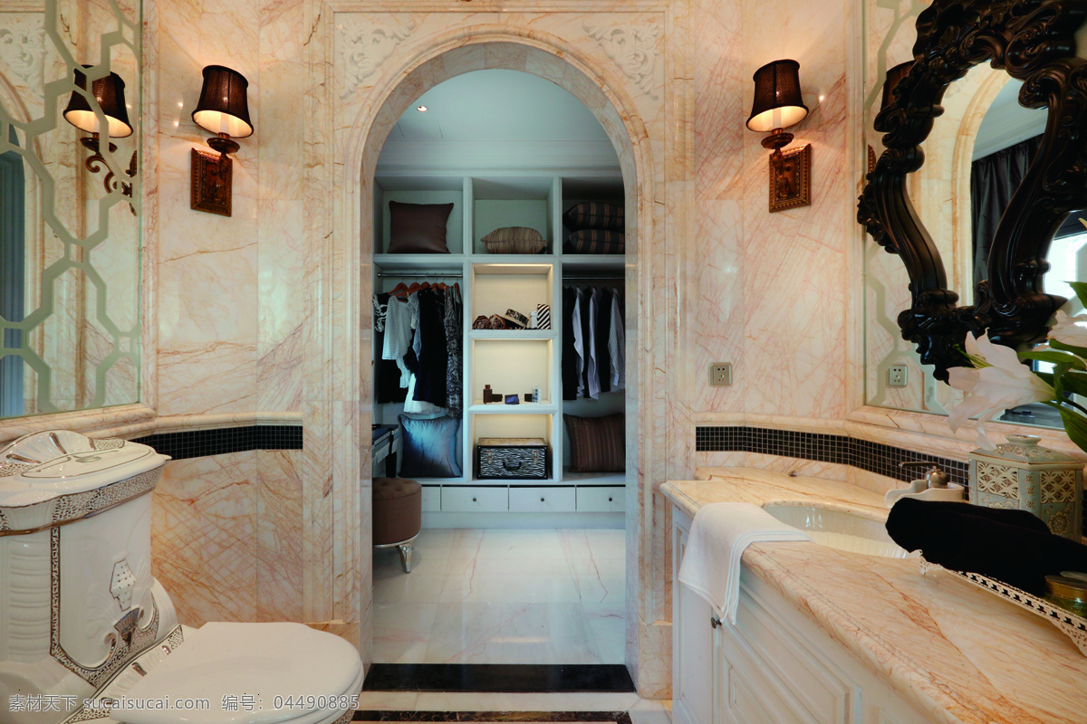 简约 卫生间 浴缸 装修 效果图 壁灯 拱形门 灰色墙壁 马桶 浅色地板砖