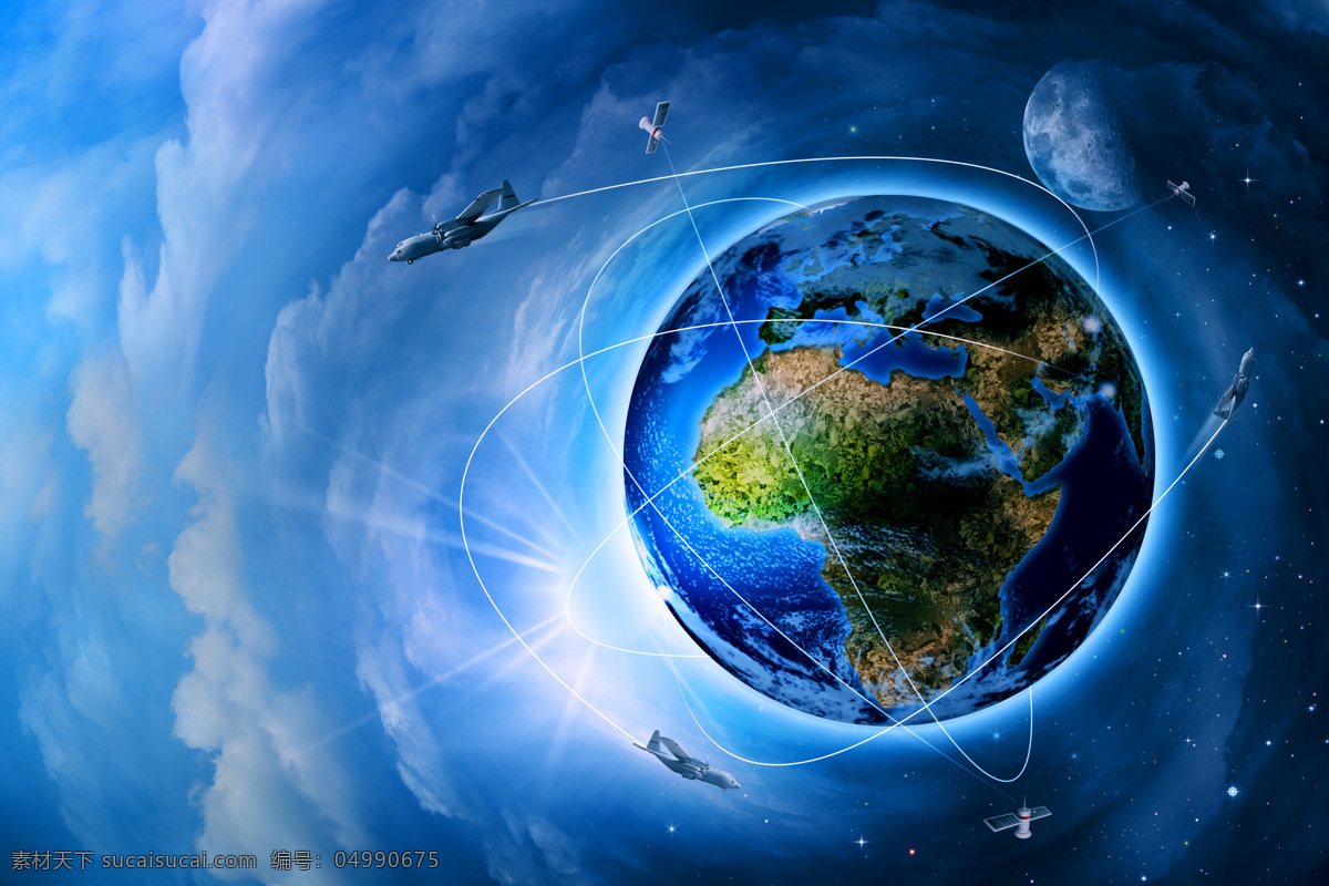 球体 宇宙 星空 星球 太空 光芒 宇宙太空 蓝天 飞机 路线 地球 现代科技 蓝色