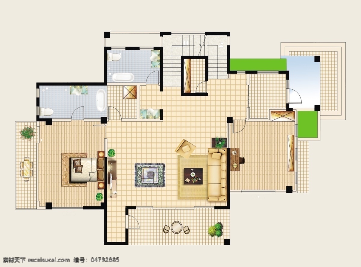 户型 图 分层 地板 户型图 沙发 源文件 植物 床铺 装饰素材 室内设计