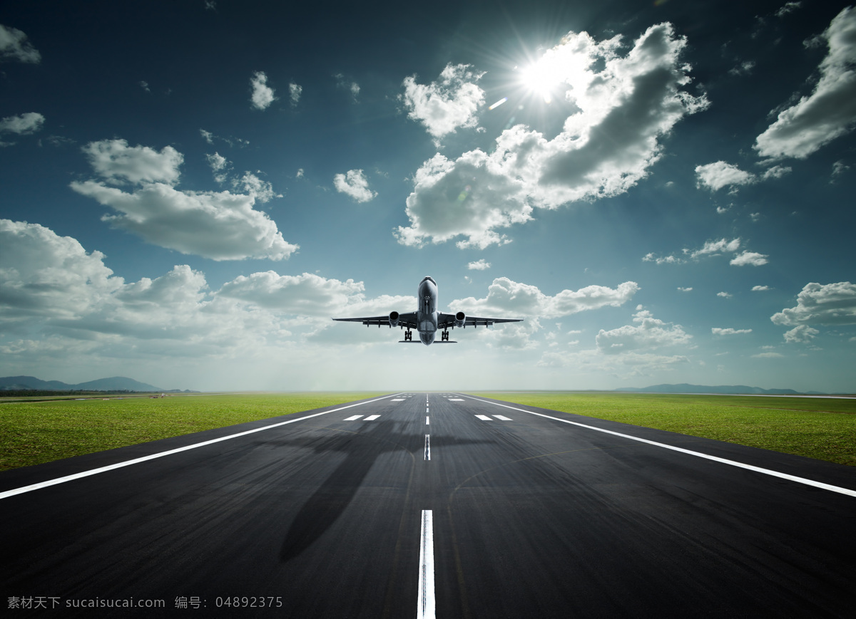 起航的飞机 起航 飞机 天空 蓝天 白云 云层 阳光 太阳 跑到 起飞 飞机场 公路 绿地 高清 交通工具 现代科技