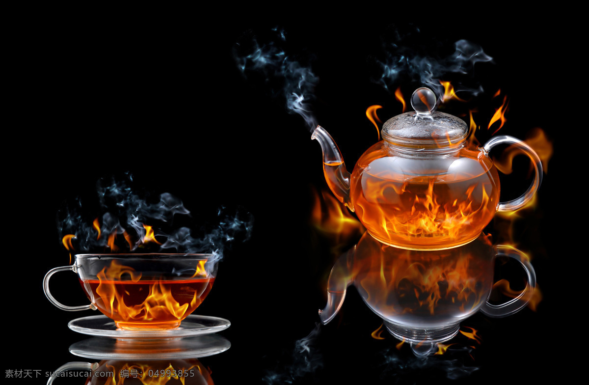 茶壶 里 火 烟 火和烟 茶杯 玻璃杯 玻璃茶壶 火焰 火焰与烟 创意图片 冰水烈火 生活百科 黑色