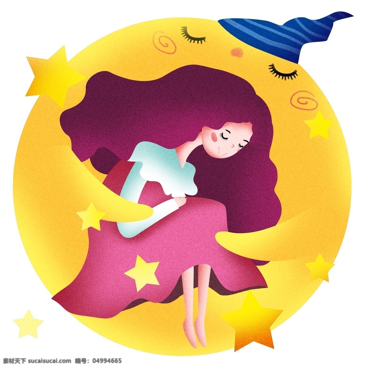 黄色 星球 睡觉 女孩 插画 黄色的星星 星星装饰 睡觉的女孩 蓝色条纹睡帽 世界睡眠日 节日 卡通插画