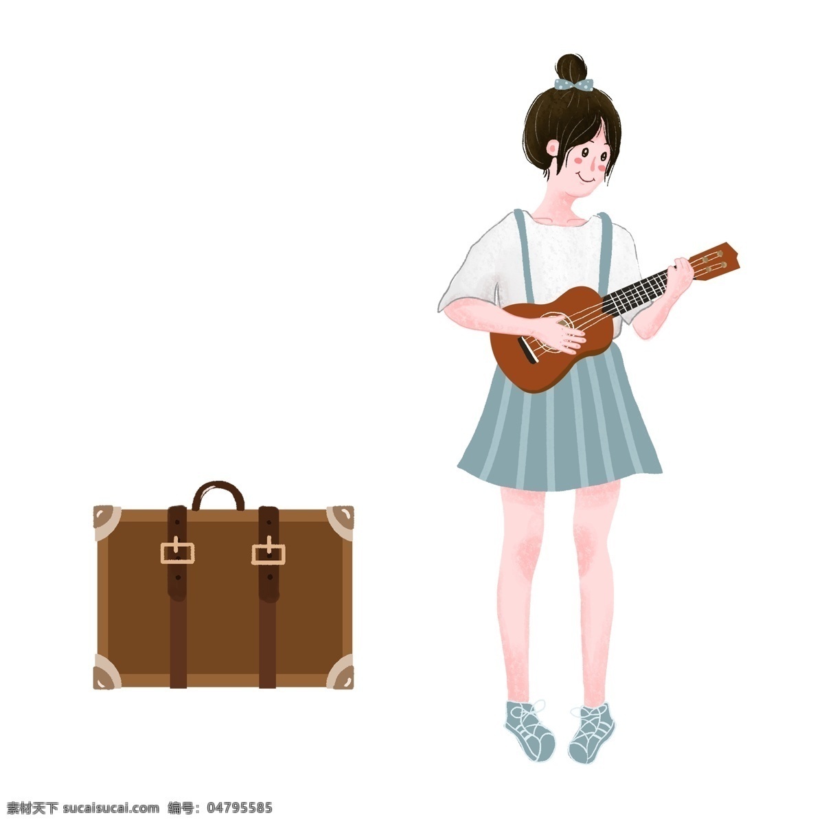 卡通 小 清新 旅行 弹 吉他 少女 手绘 小清新 插画 弹吉他 行李 人物 可爱