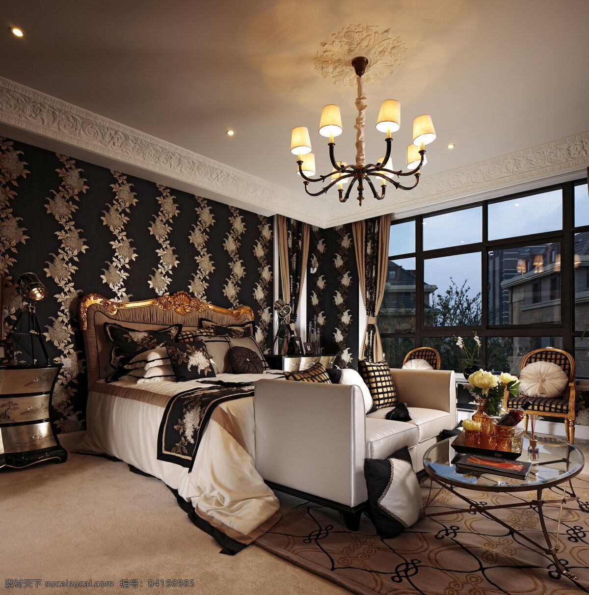 巴洛克 奢华 卧室 素色 地板 室内装修 效果图 卧室装修 铜色吊灯 褐色床头 玻璃圆桌