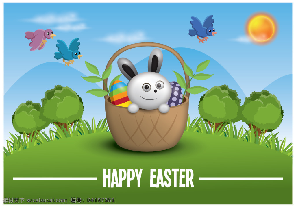 可爱 兔子 复活节 插画 复活节海报 扁平化插画 矢量素材 复活蛋 可爱兔子 篮子 树木 小鸟