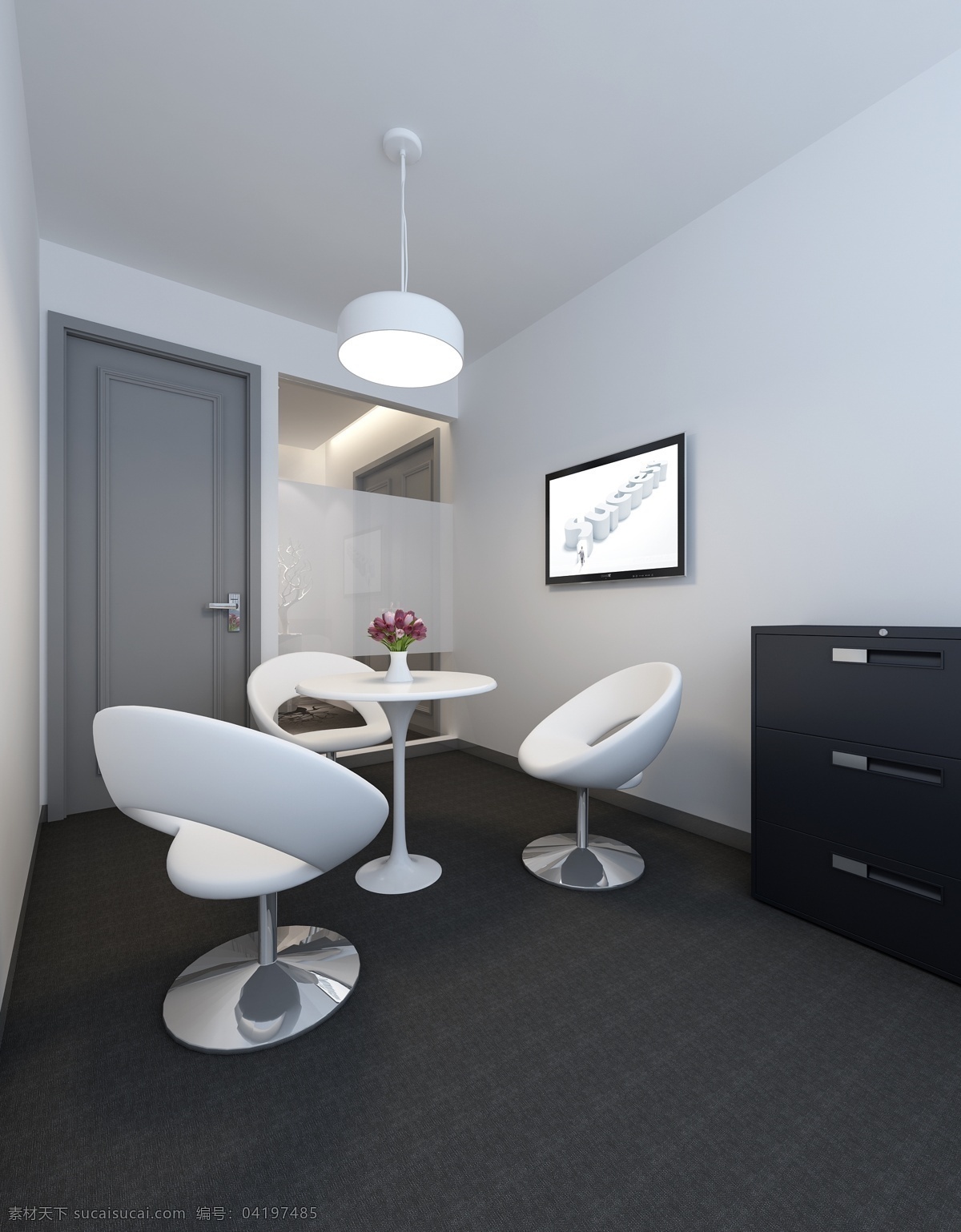现代 简约 小型 会议室 办公室 工装 效果图 白色桌椅 深色地板 白色吊灯 深色柜子 工装装修