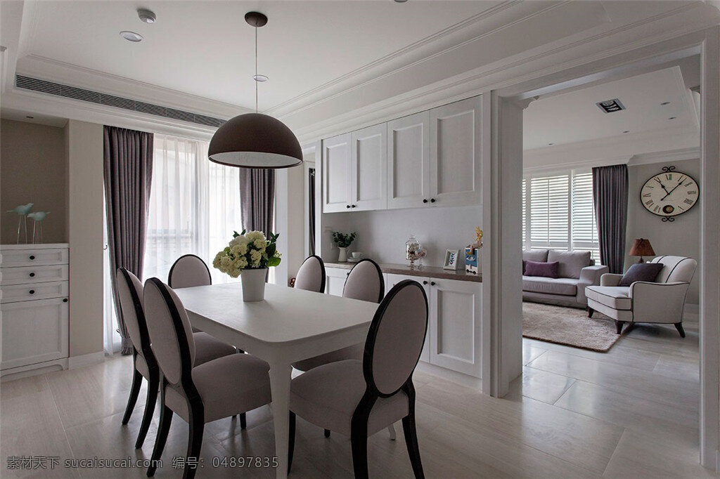 现代 简约 客厅 白色 瓷砖 地板 室内装修 效果图 客厅装修 瓷砖地板 褐色吊灯 白色餐桌
