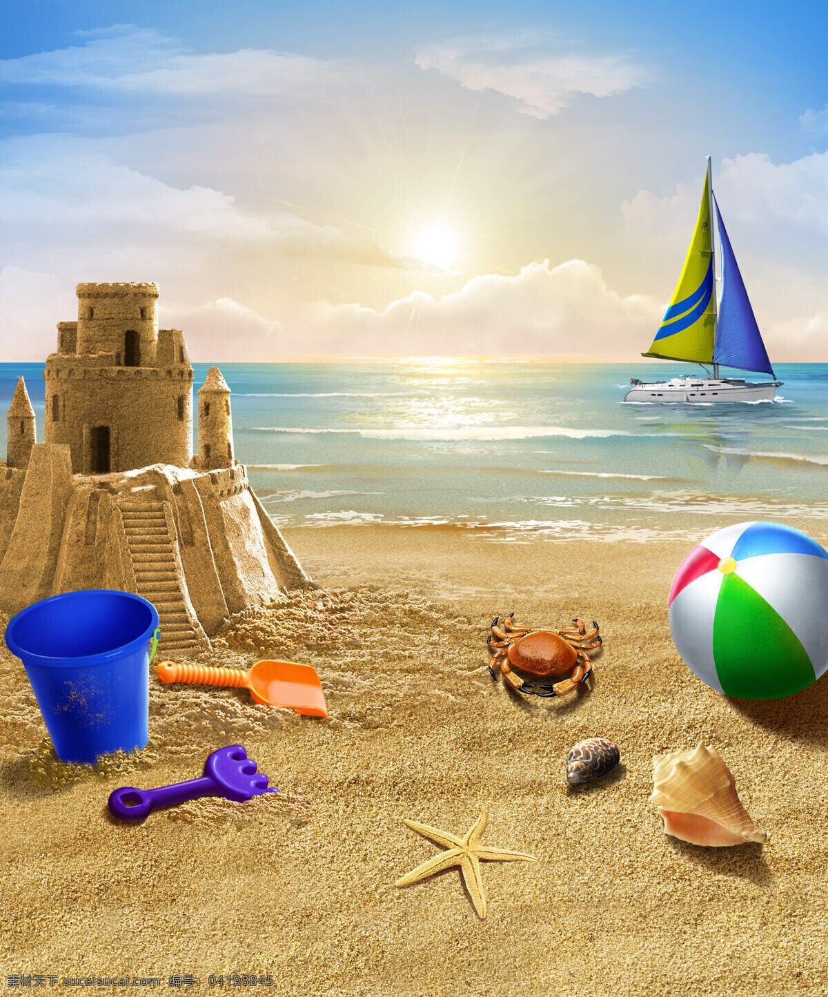 海滩 帆船 水桶 皮球 贝壳 海鲜 大海 海水 蓝天 天空 夕阳 沙滩城堡 沙雕 旅游 生活百科 休闲娱乐