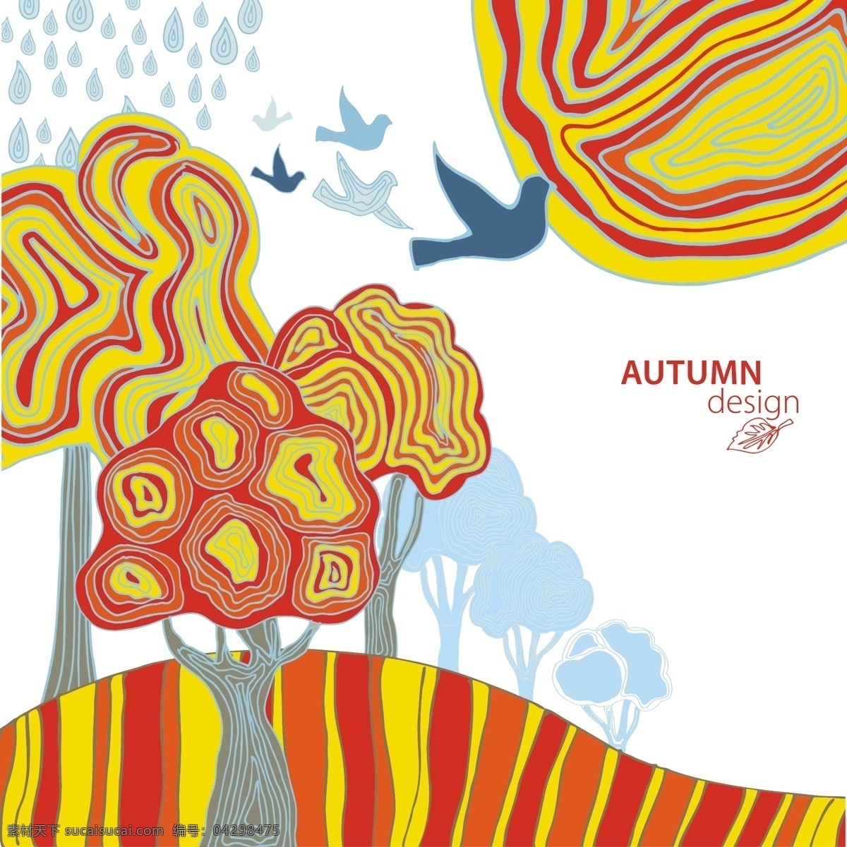 秋天 素描 色彩 背景 秋天背景 秋天元素 抽象树木 抽象背景 抽象素材 树木 鸟儿