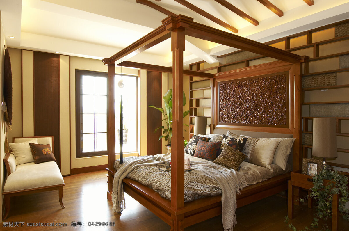 中式 复古 风 卧室 木制 床罩 室内装修 效果图 木地板 瓷砖背景墙 卧室装修 木制床铺
