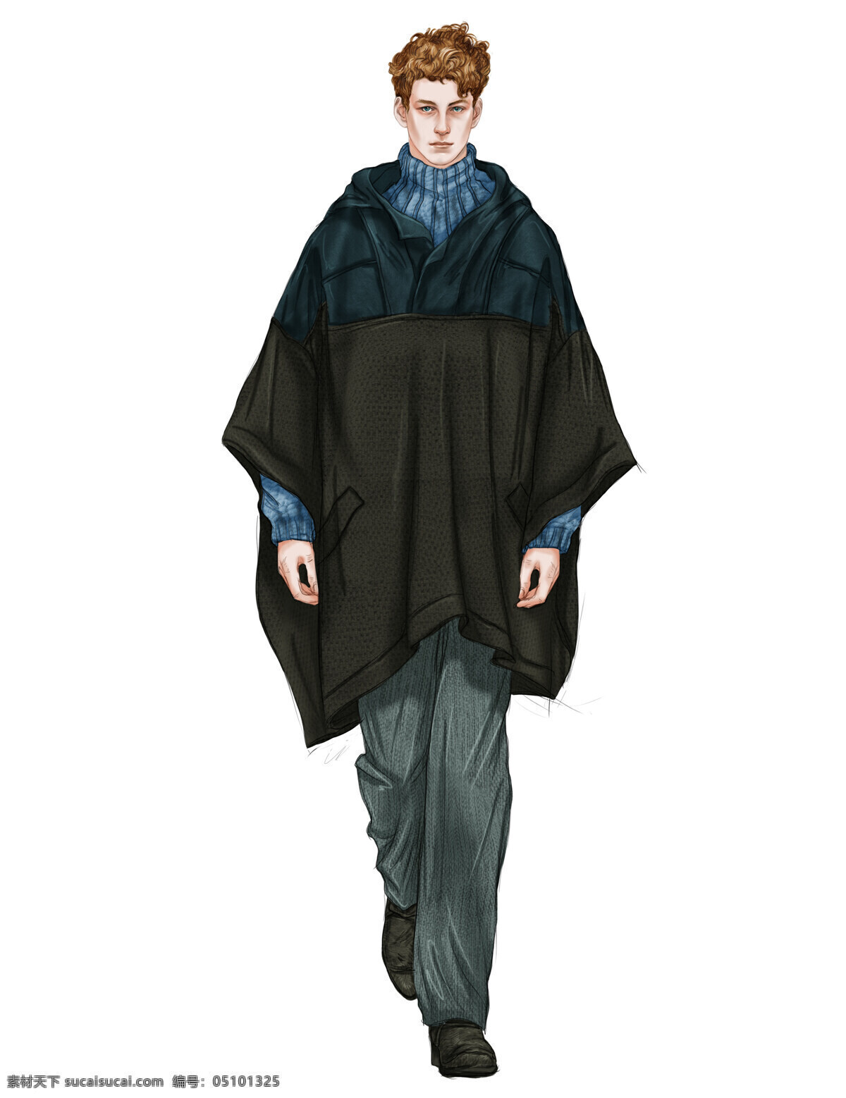 时尚 深色 蝙蝠 袖 上衣 男装 效果图 蝙蝠袖上衣 服装设计 男装效果图 时尚男装