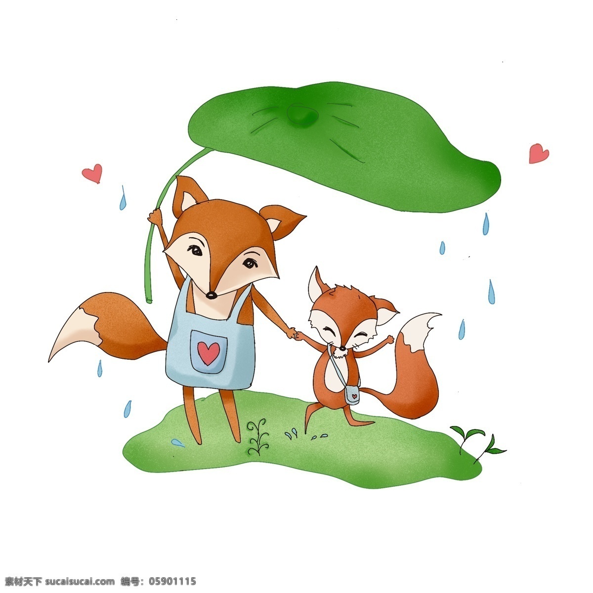 狐狸 妈妈 宝宝 母亲节 狐狸妈妈 狐狸宝宝 动物母亲 下雨 放学 开心 插画 小清新