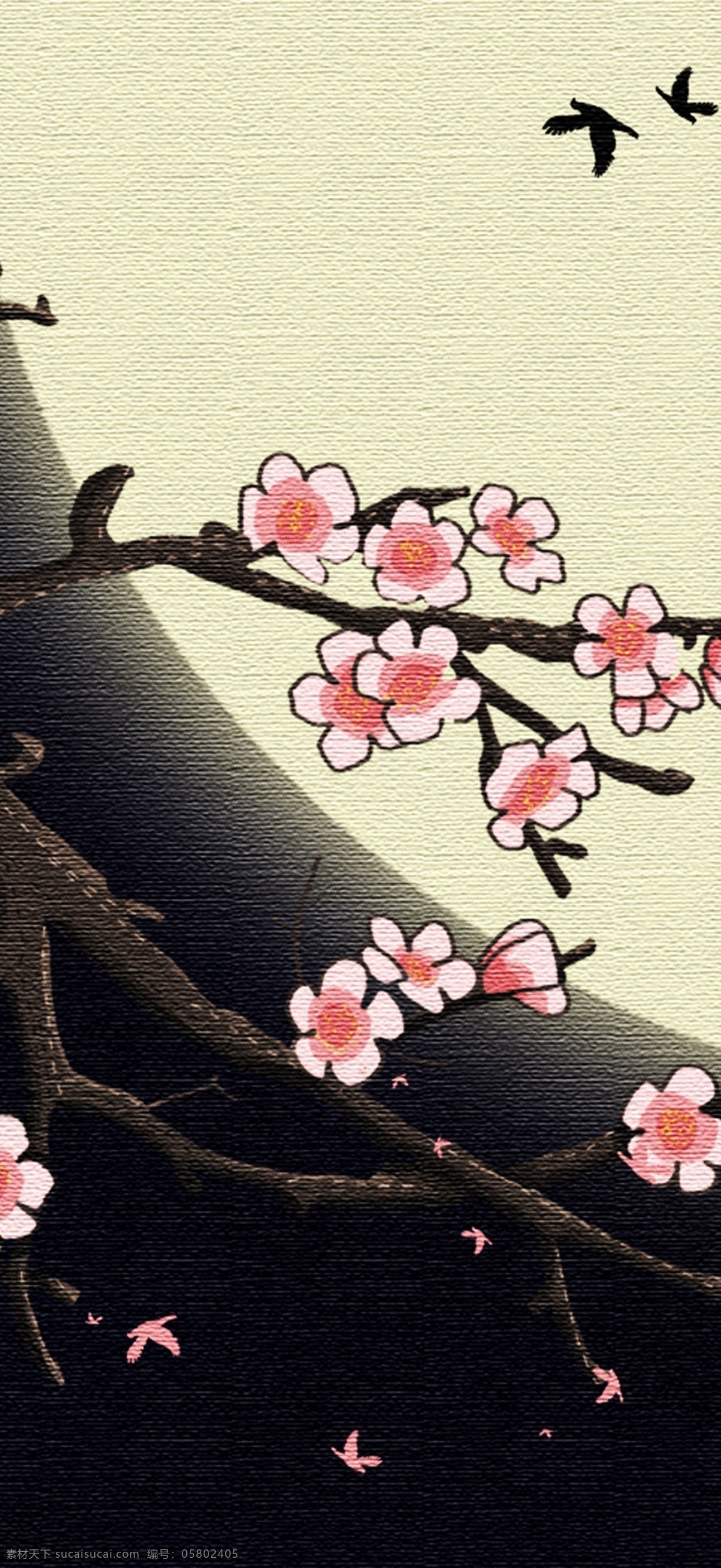 暗香疏影 古典 成语故事 治愈 系 小 清新 插画 夜空 月亮 花瓣 花朵 治愈系 小清新插画 梅花
