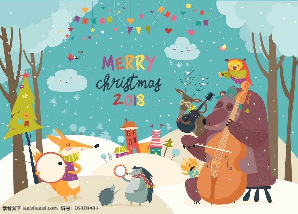 卡通 圣诞 矢量 动物 元素 森林 树木 树林 圣诞节素材 冬季 乐队 大提琴 演奏