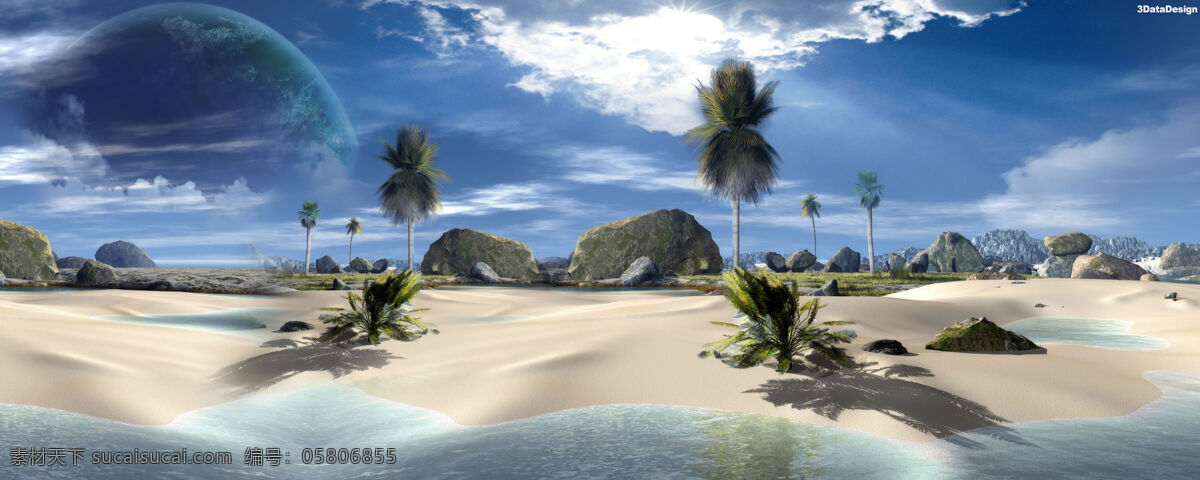 白云 海水 海滩 蓝天 奇石 沙子 石头 美丽 设计素材 模板下载 美丽的海滩 星球 椰树 双屏桌面 双显示器 桌面 自然风光 自然景观 psd源文件