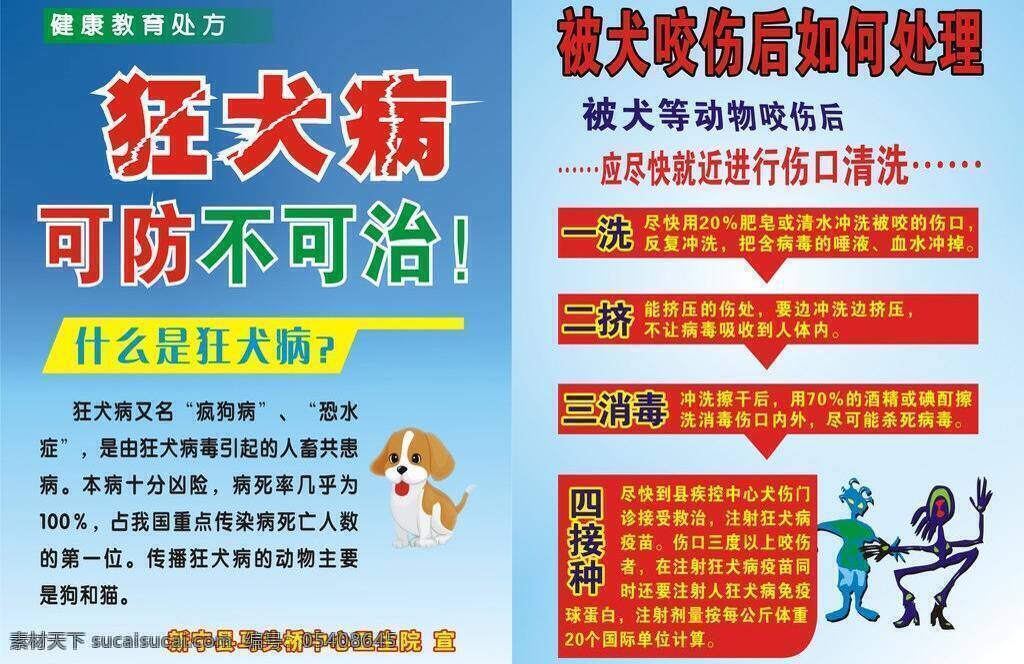 狂犬病 防 不可 治 生活百科 卫生院 医疗保健 可防不可治 被犬伤 如何处理 健康教育处方 矢量 海报 其他海报设计