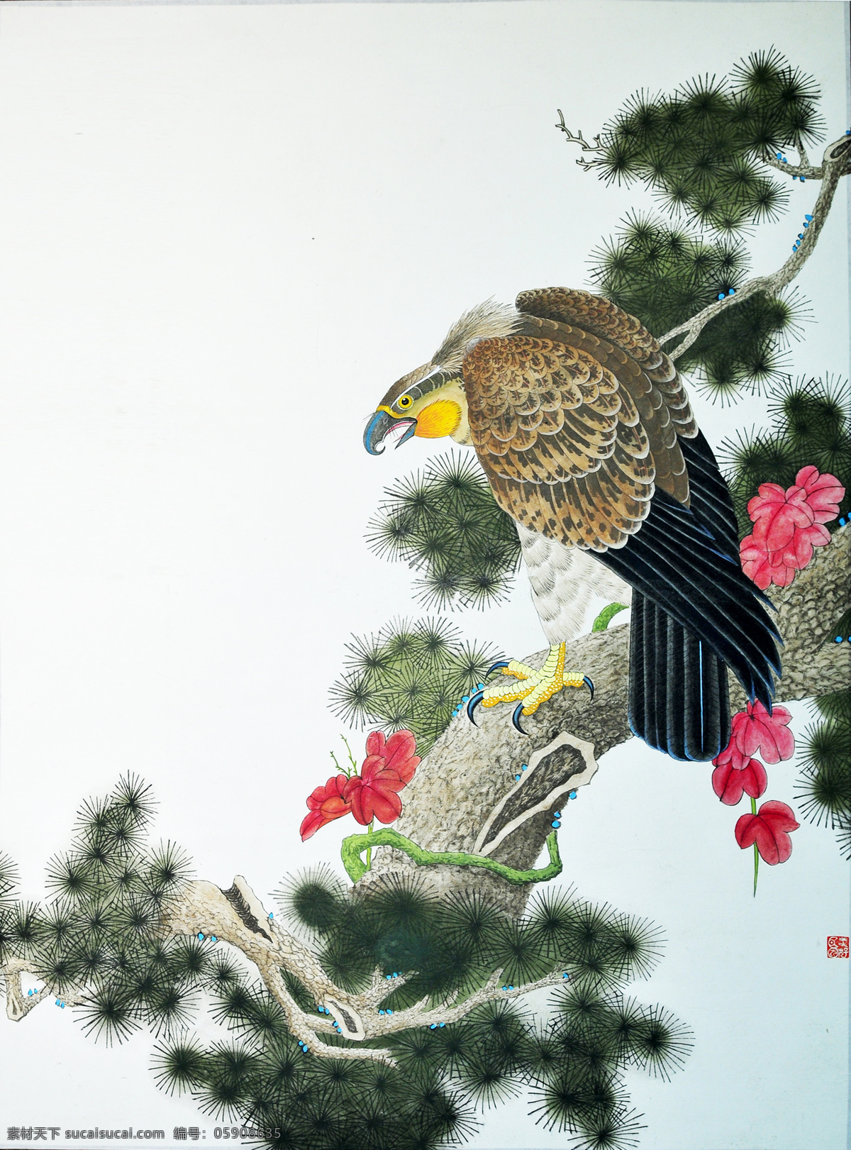 国画 松树 上 老鹰 中国画 水墨画 书画文字 文化艺术