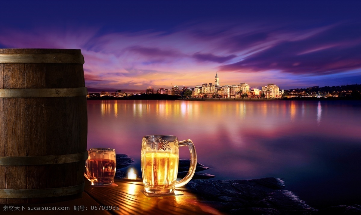 夜色与啤酒 酒杯 黄昏 江景 地产 海报 啤酒桶 海景