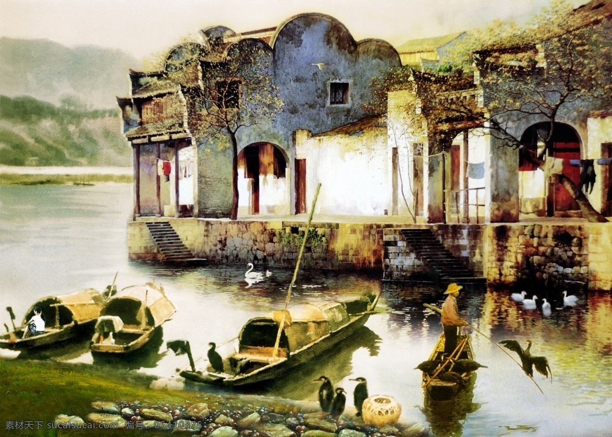 江南 水岸 船家 房屋 石头 装饰素材 油画