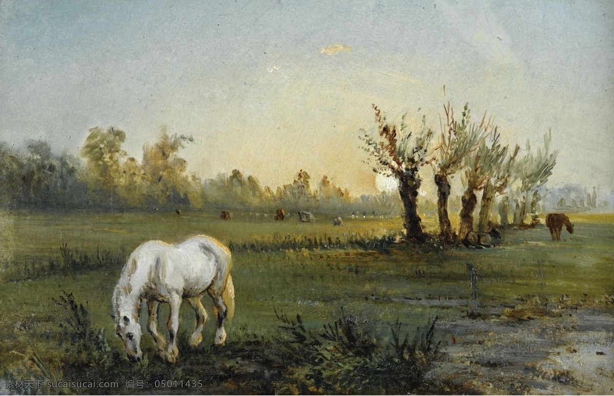 大师 画家 风景画 静物 油画 建筑 装饰画 meadow the at horse white pissarro camille 人物 高清 西方 国外 现代 家居装饰素材