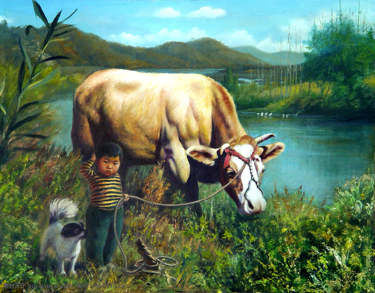 油画 放牛 儿童 名画 艺术 绘画 文化艺术 艺术品 世界名画 书画文字