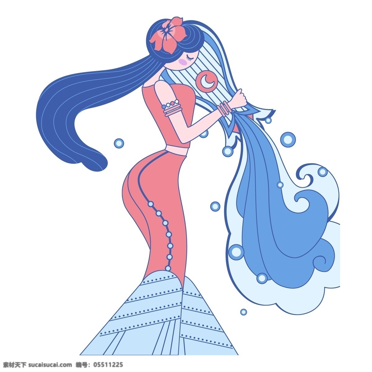 卡通 手绘 水瓶 座 少女 彩色 水瓶座 女生 星座人物 插画 十二星座
