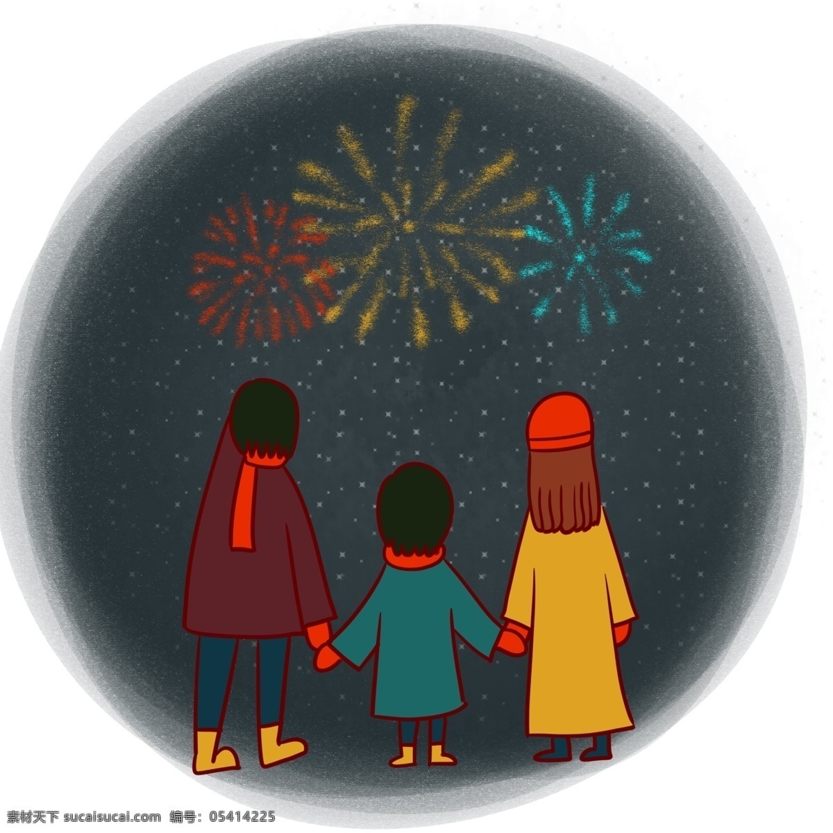 手绘 矢量 卡通 新年 跨 年 一家人 看 烟花 免抠 可爱 小孩子 跨年 一家人看烟花 新年快乐 过大年 幸福温馨