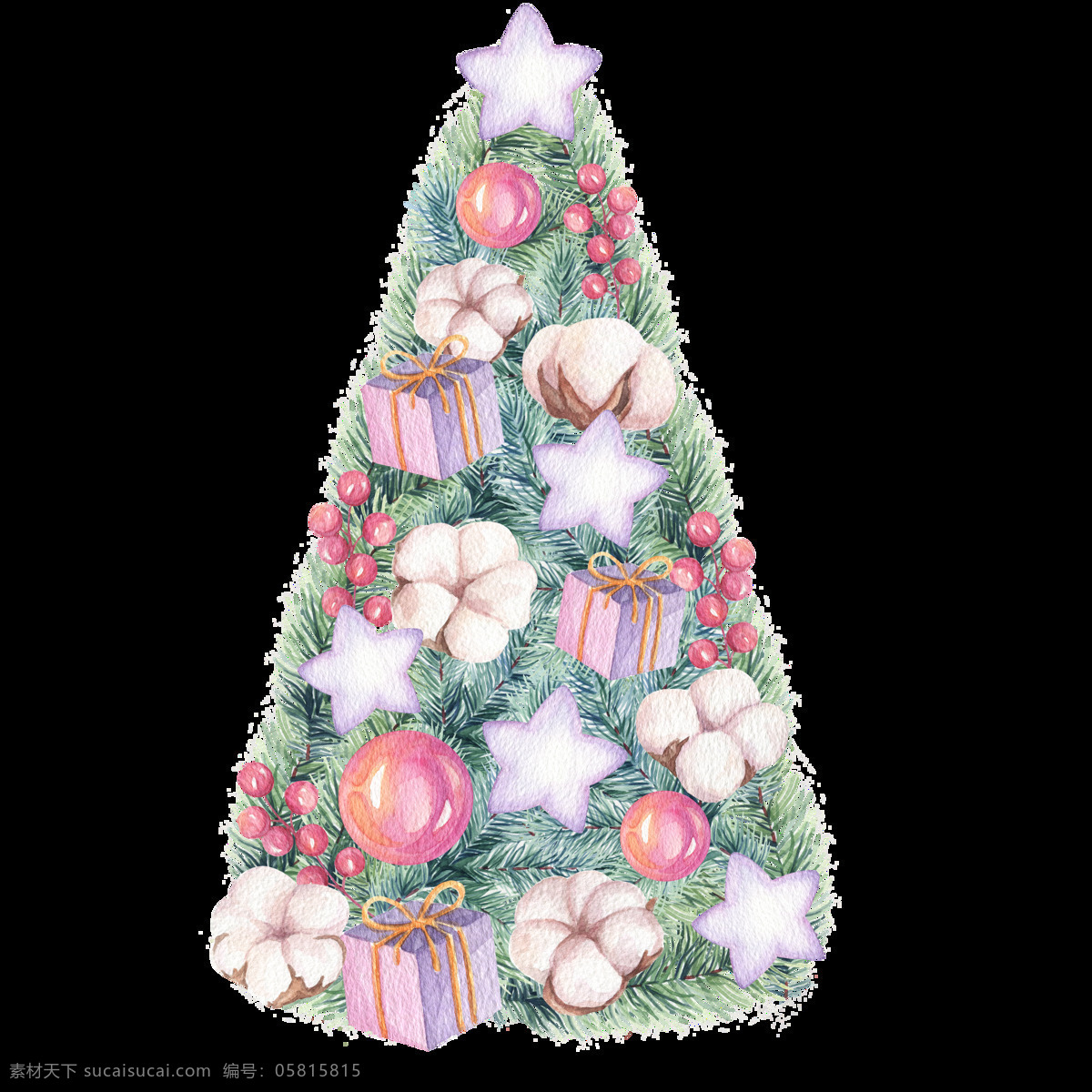 手绘 唯美 圣诞树 透明 挂件 礼物 绿色 棉花 免扣素材 水彩 透明素材 小球 星星 装饰图案