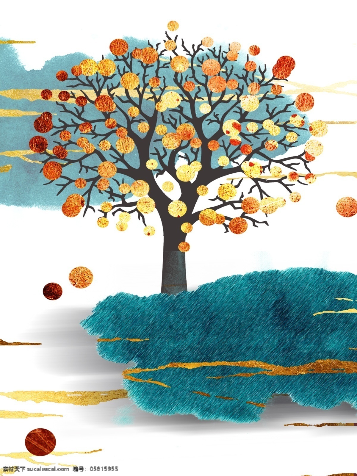 新 中式 渐变 圆圈 树 客厅 装饰画 蓝色水墨 水墨山石 金色线丝 纯白色背景 一联画 橘黄色圆圈树