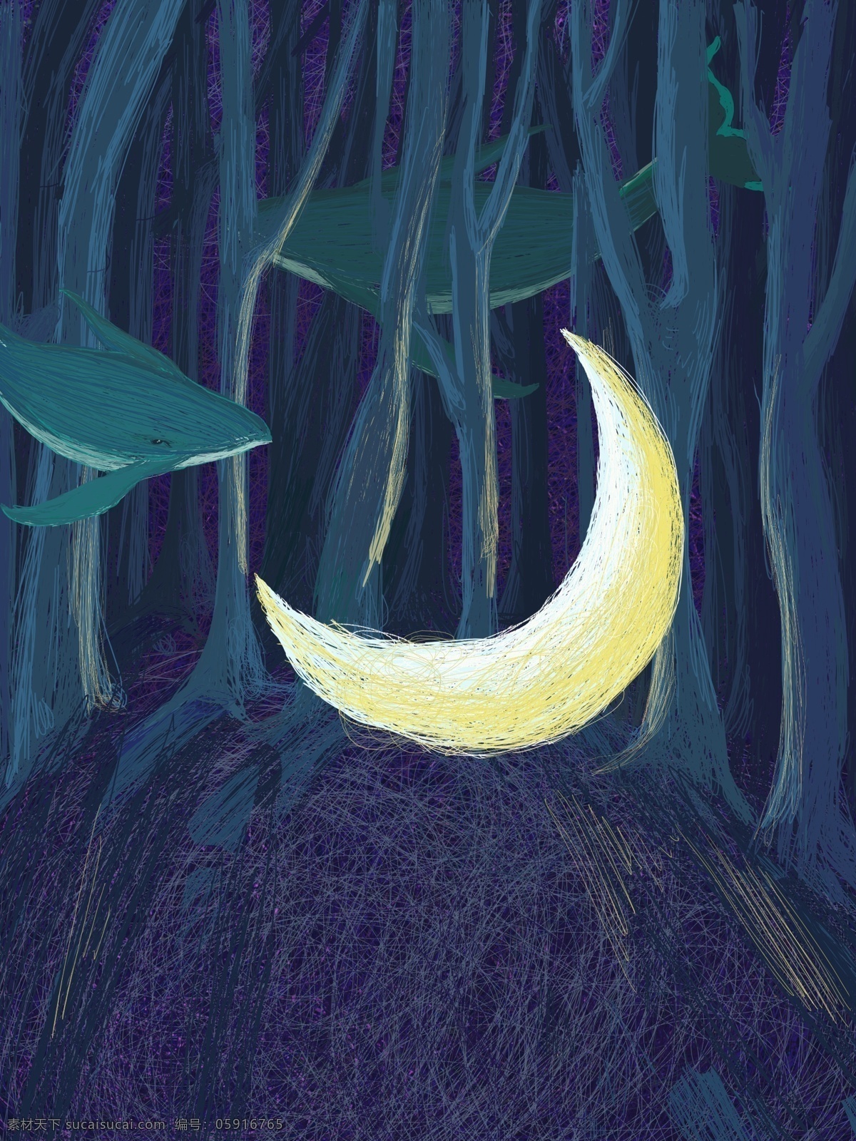晚安 世界 唯美 月亮 树林 插画 背景 清新背景 森林背景 树林背景 插画背景 晚安世界 鲸鱼背景