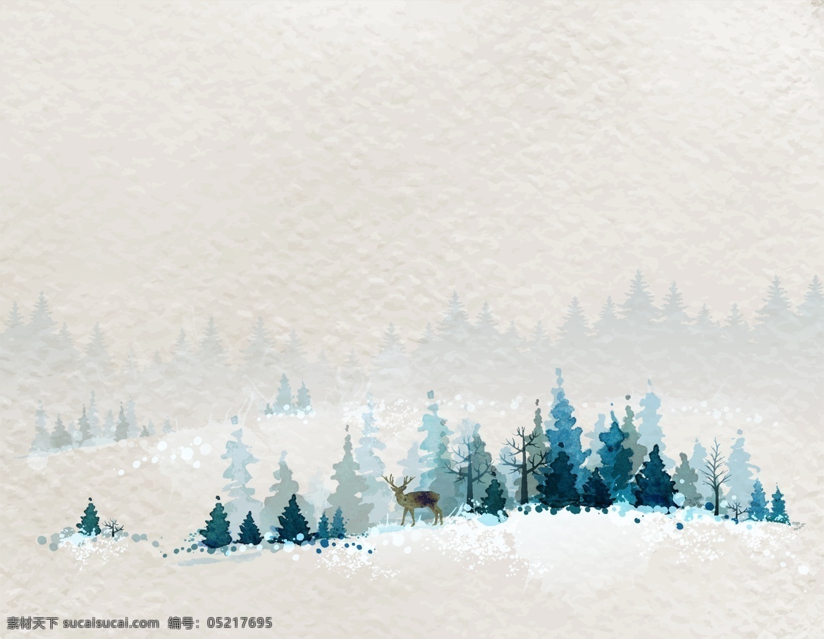 冬天 松树 林里 美丽 风景 插画 自然 大树 场景