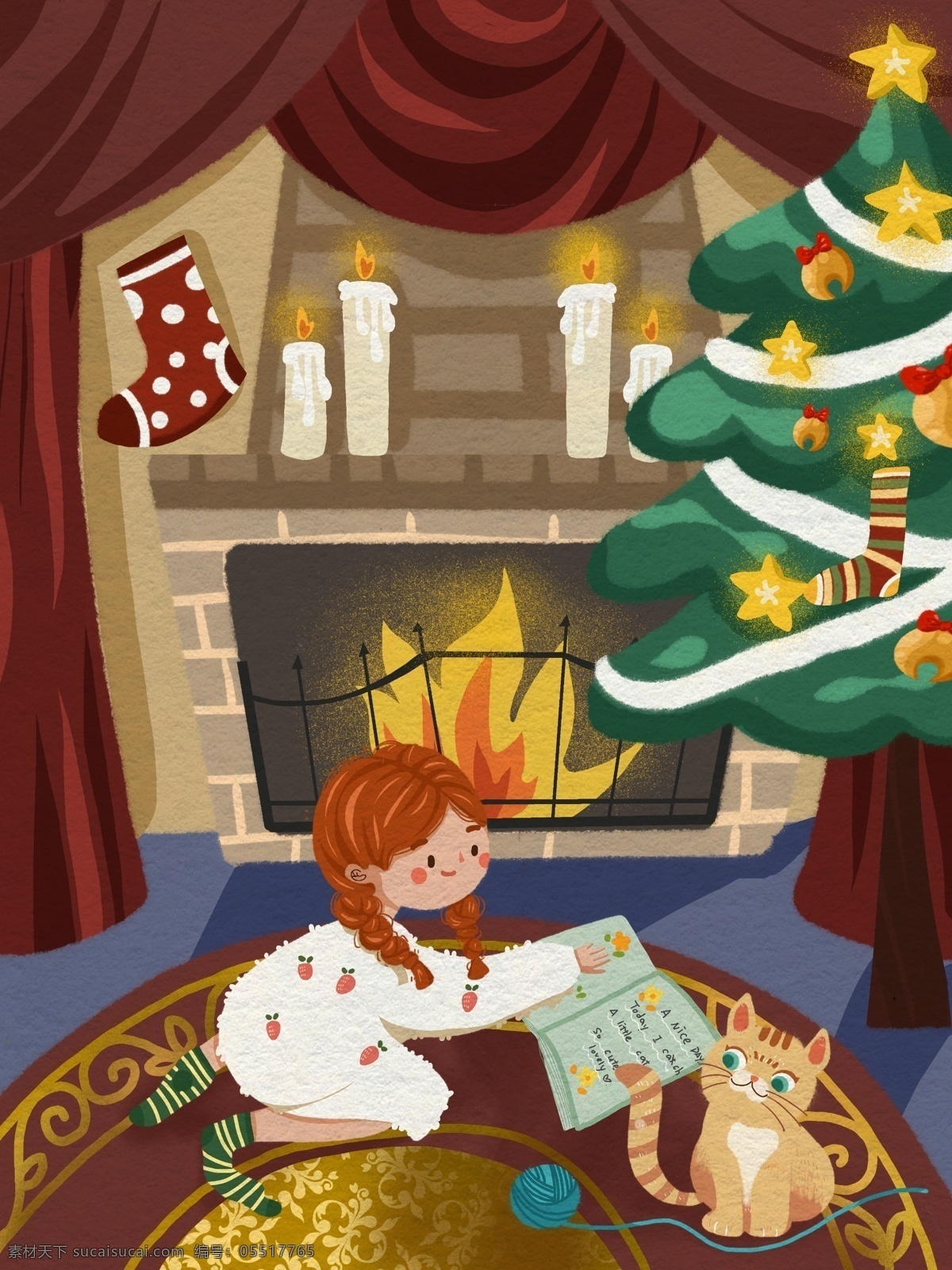 圣诞节 小女孩 壁炉 前 看书 小猫 一起 玩耍 女孩 圣诞树 星星 温馨 少女 睡衣 铃铛 圣诞袜 蜡烛 猫咪 地毯 复古