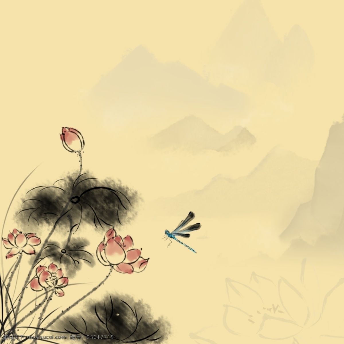 中国 风 荷花 主 图 背景 中国风背景 荷叶 墨色 手绘 国画 朦胧 山体