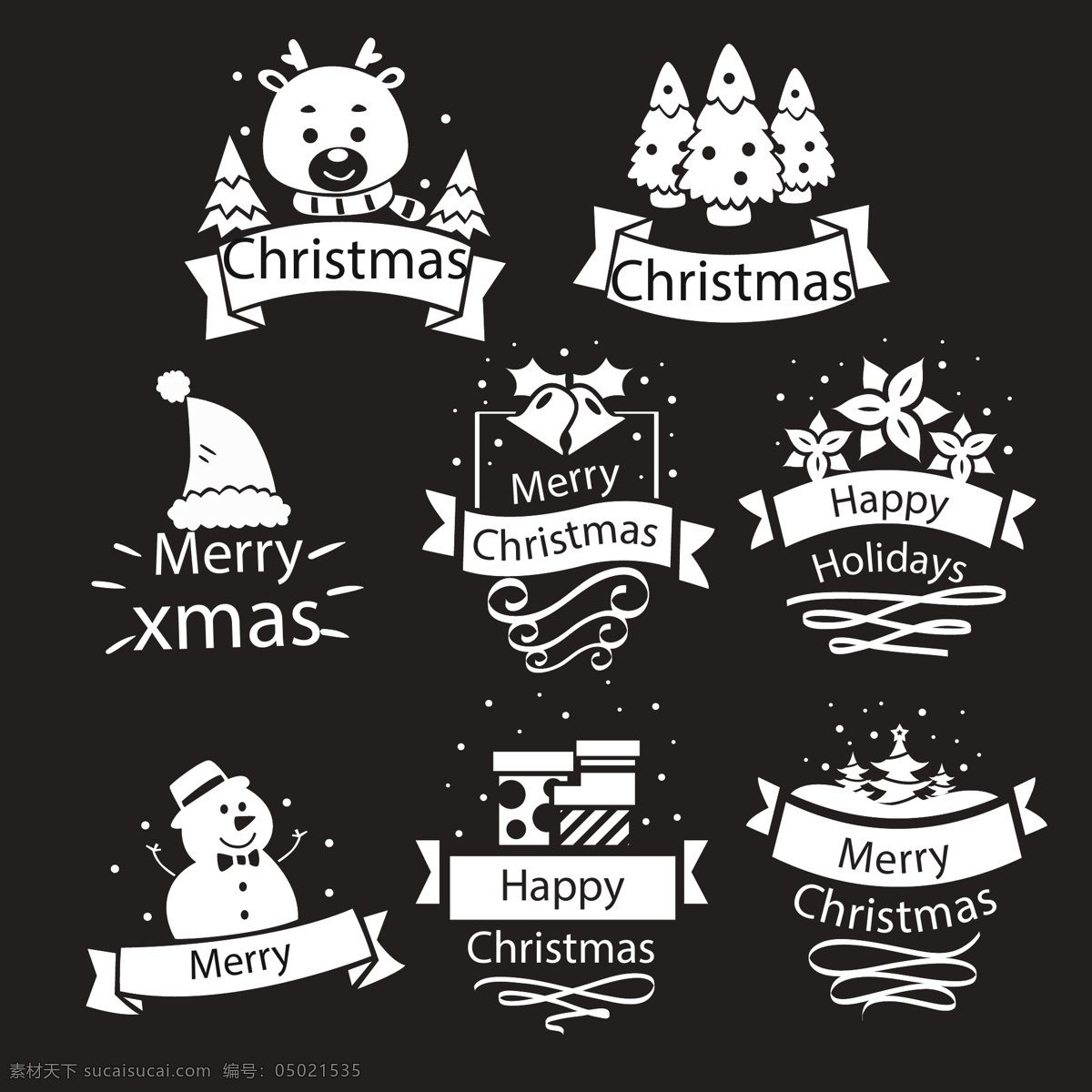 白色 卡通 图案 圣诞 标签 圣诞树 雪花 圣诞节 矢量素材 驯鹿 铃铛 圣诞帽 雪人 英文