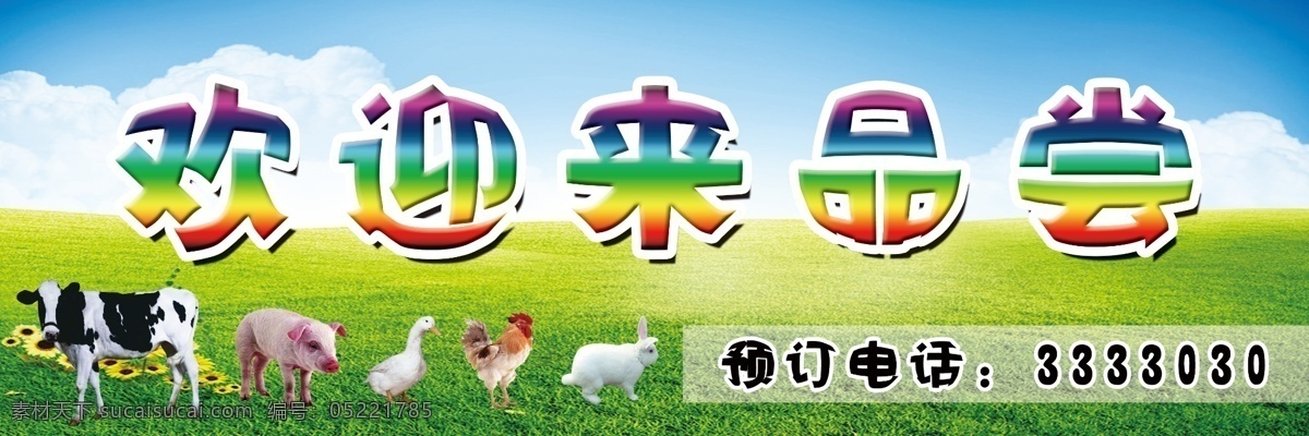 欢迎品尝 蓝天 草地 白云 牛 猪鸭子 鸡 兔子 店招 招牌 门头 饭店门头 其他模版 广告设计模板 源文件